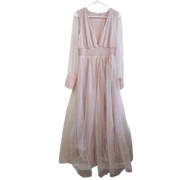 Baltic Born Long Sleeve Smocked Waist Sheer Tulle Maxi Dress Nude Size XL - Picture 1 of 12